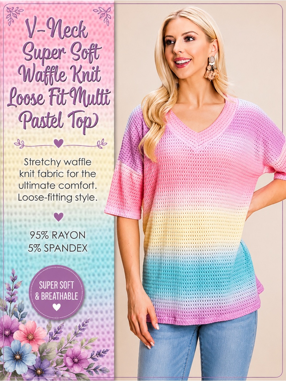 V-Neck Super Soft Waffle Knit Loose Fit Multi Pastel Top NEW